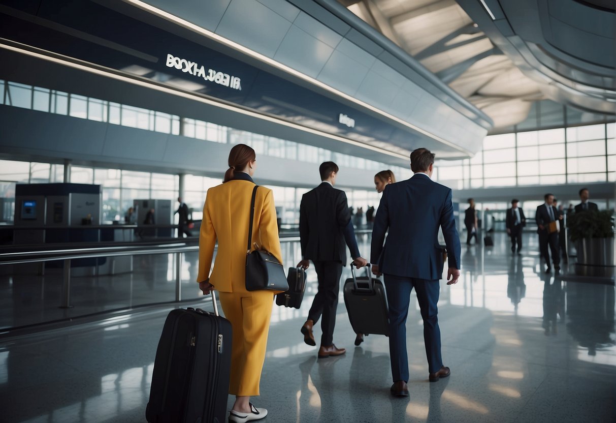 Passengers boarding sleek, modern planes. Staff in crisp uniforms assist with luggage. Airline logos and flags adorn the terminal