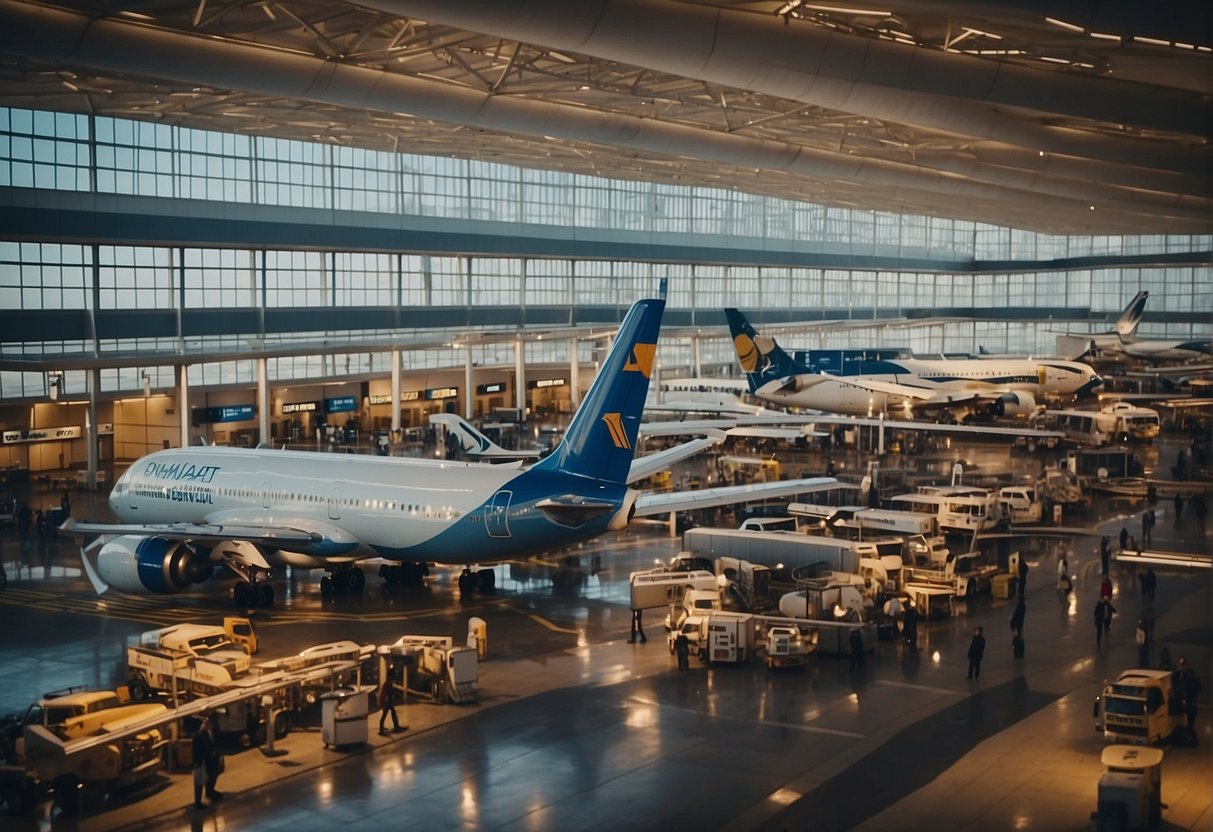 A bustling airport with planes from top international airlines lined up at the gates, ready to take off to various destinations around the world