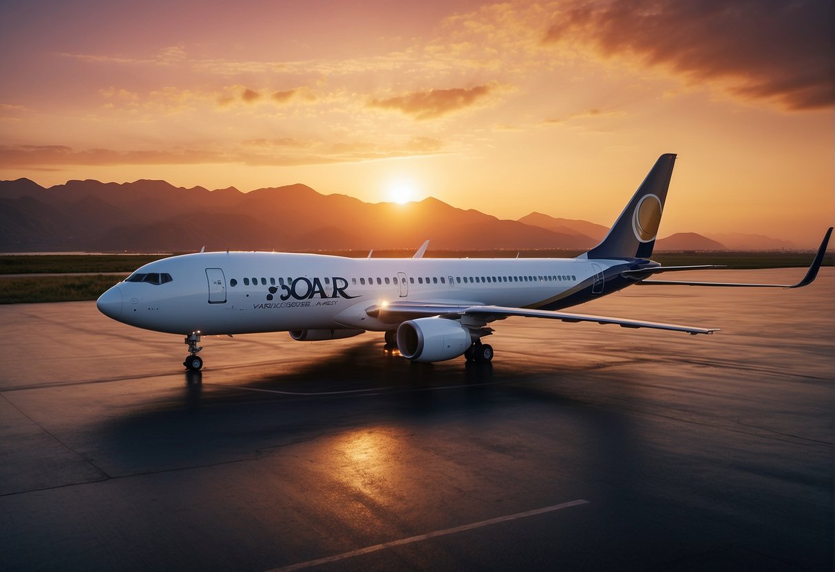 A budget carrier and a luxury carrier soar side by side, each adorned with their distinct branding, against a backdrop of a vibrant sunset over the horizon