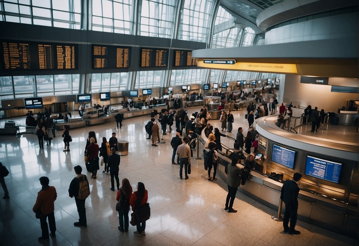 Passengers lining up at airport counters, boarding planes, and relaxing in comfortable seats. A globe symbolizing global travel