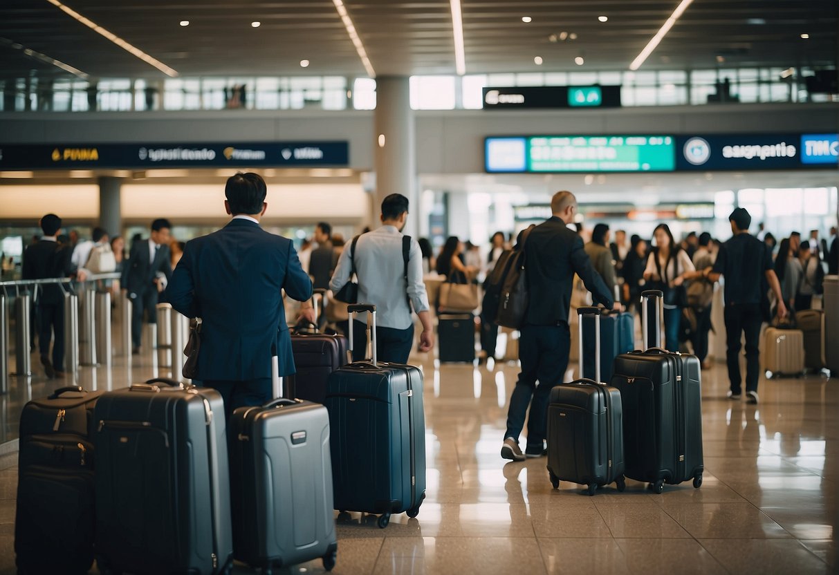 A bustling airport terminal with travelers carrying popular luggage brands like Samsonite and Tumi, preparing for international travel