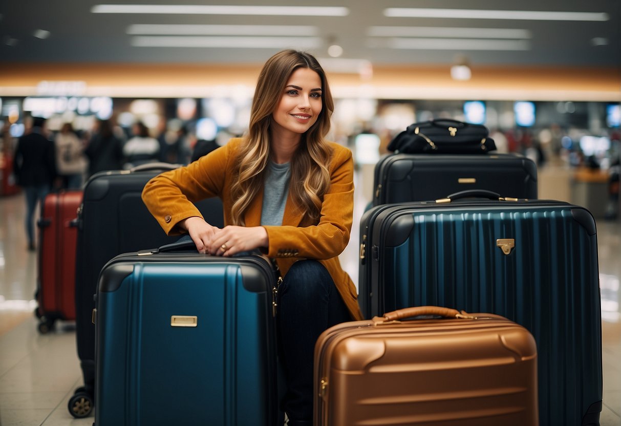 A traveler selects durable luggage in a store, considering size and features for international trips