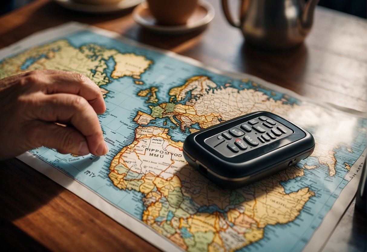 A traveler researching global SIM card options with a map, phone, and passport on a table