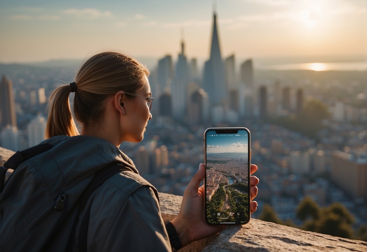 A traveler using Verizon phone abroad, with landmarks in the background