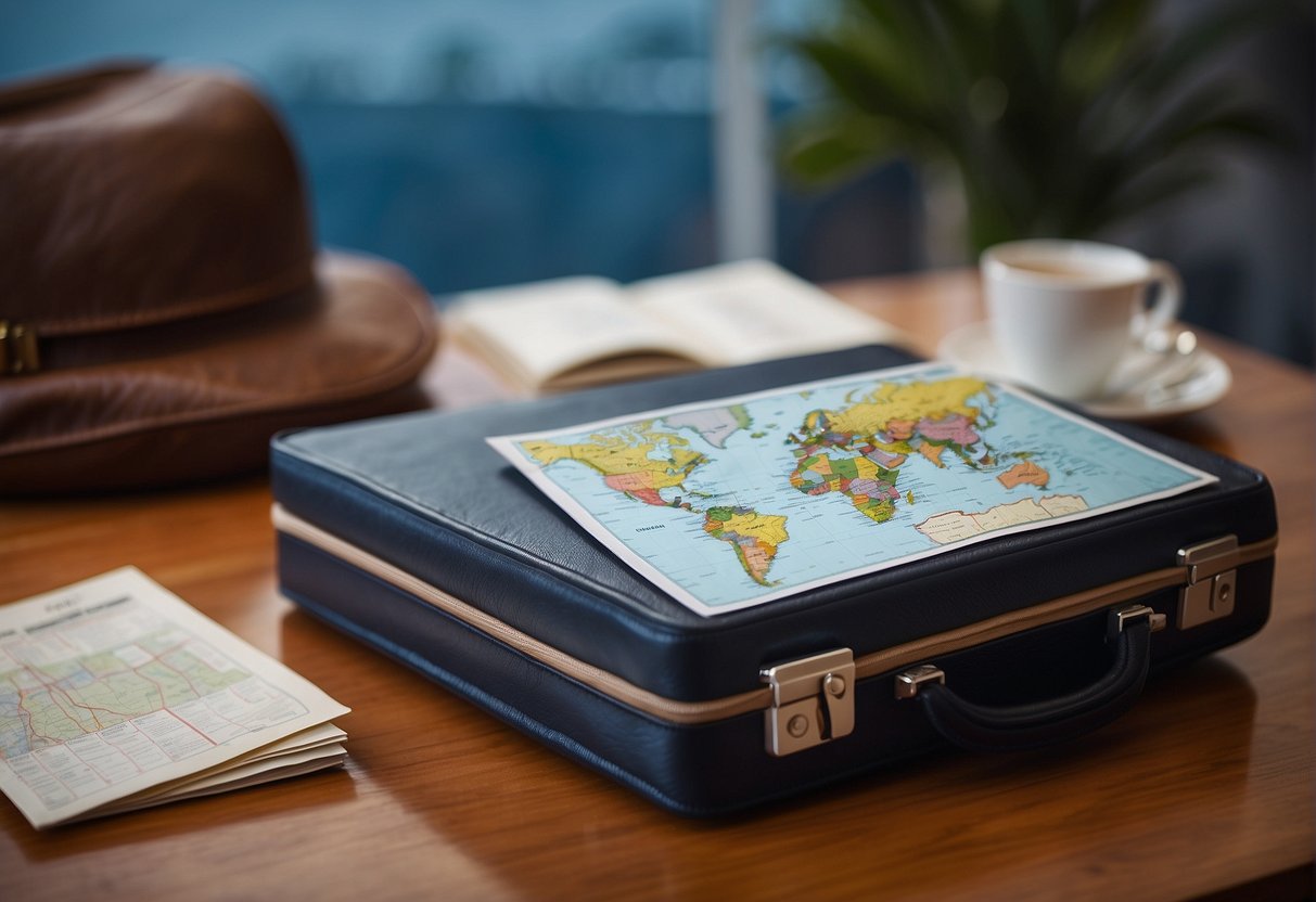 A suitcase with a passport, boarding pass, and medical insurance documents laid out on a table. A world map and travel guide in the background