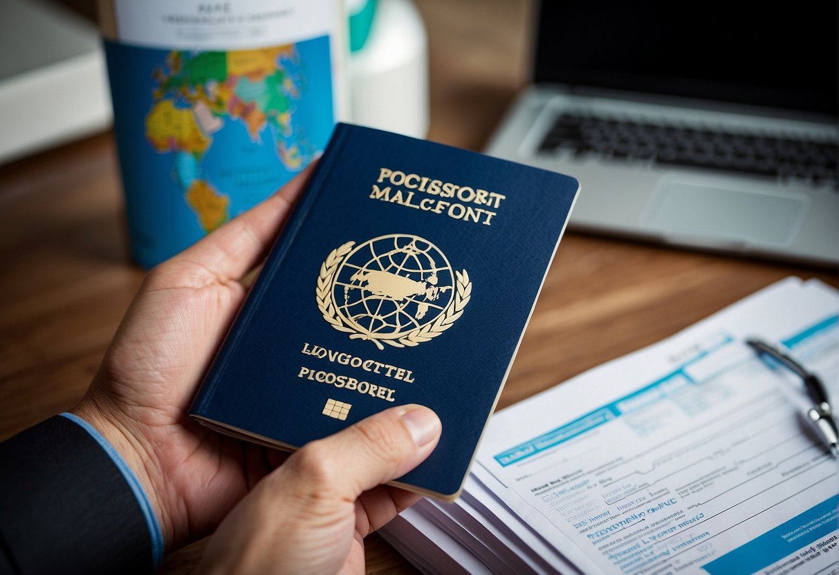 A hand holding a passport with a globe and medical cross in the background, surrounded by documents and a laptop with "Policy Management and Updates" displayed on the screen