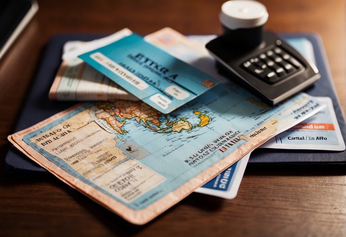 A passport, a boarding pass, and a medical insurance card laid out on a table, with a world map in the background