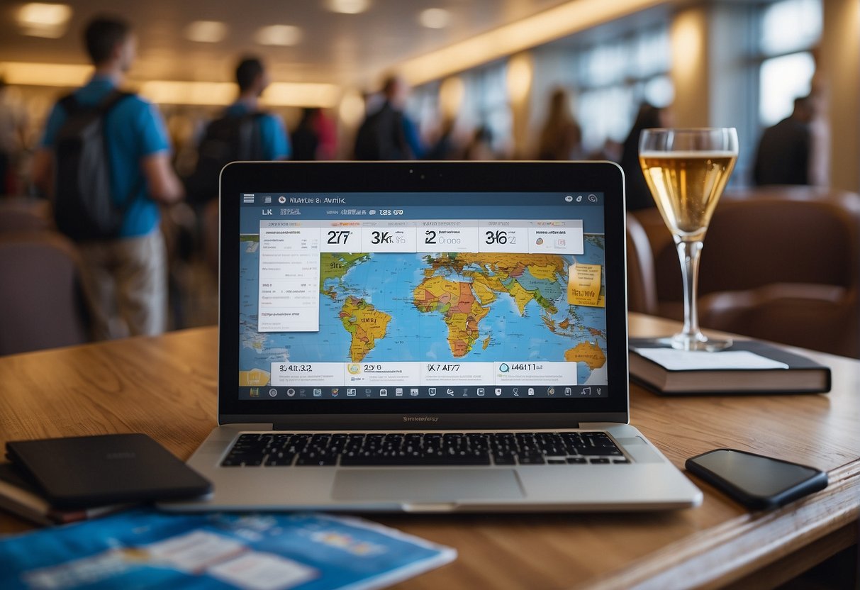 Passengers booking flights on laptops and phones, surrounded by travel brochures and maps. Calendar showing peak travel dates