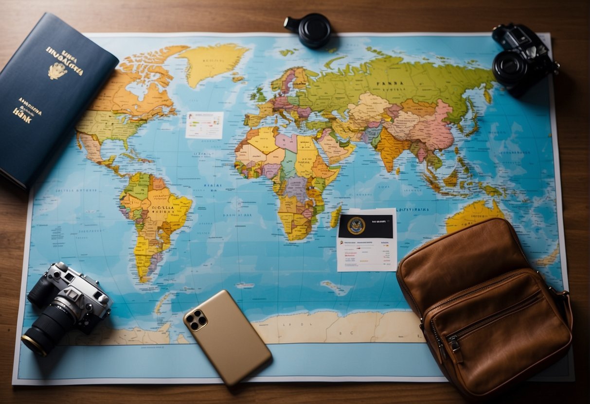 A world map with various destinations highlighted, surrounded by travel essentials like a passport, plane tickets, and a suitcase