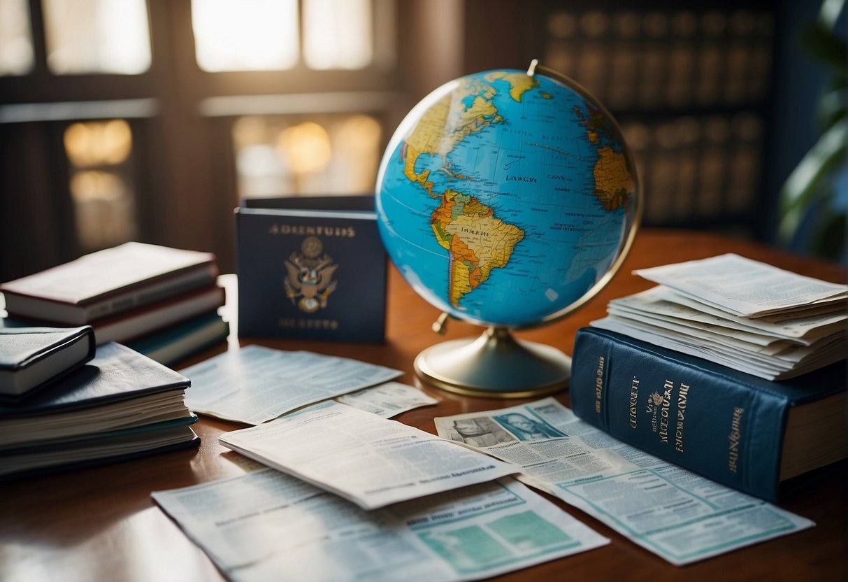 A globe surrounded by travel documents, passports, and insurance brochures. A checklist of comprehensive policies and add-ons highlighted