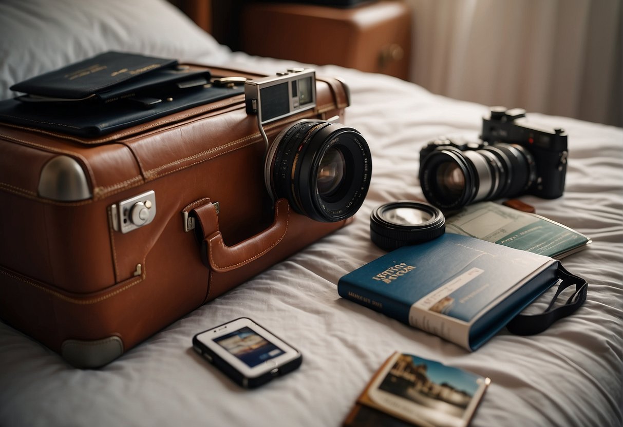A suitcase sits open on a bed, with travel essentials spilling out. A passport, map, and camera are visible, hinting at an upcoming journey abroad