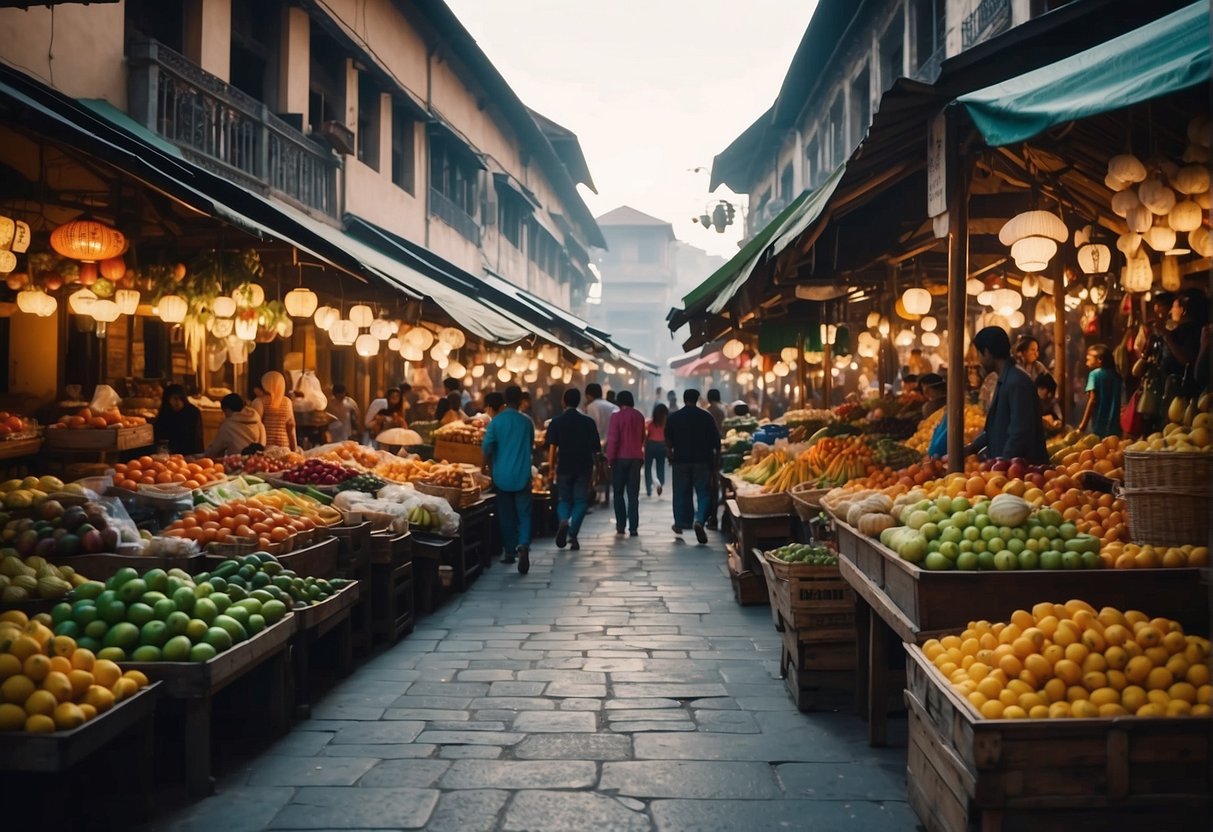 A bustling street market in a foreign city, with colorful stalls and exotic fruits, surrounded by ancient architecture and vibrant cultural symbols