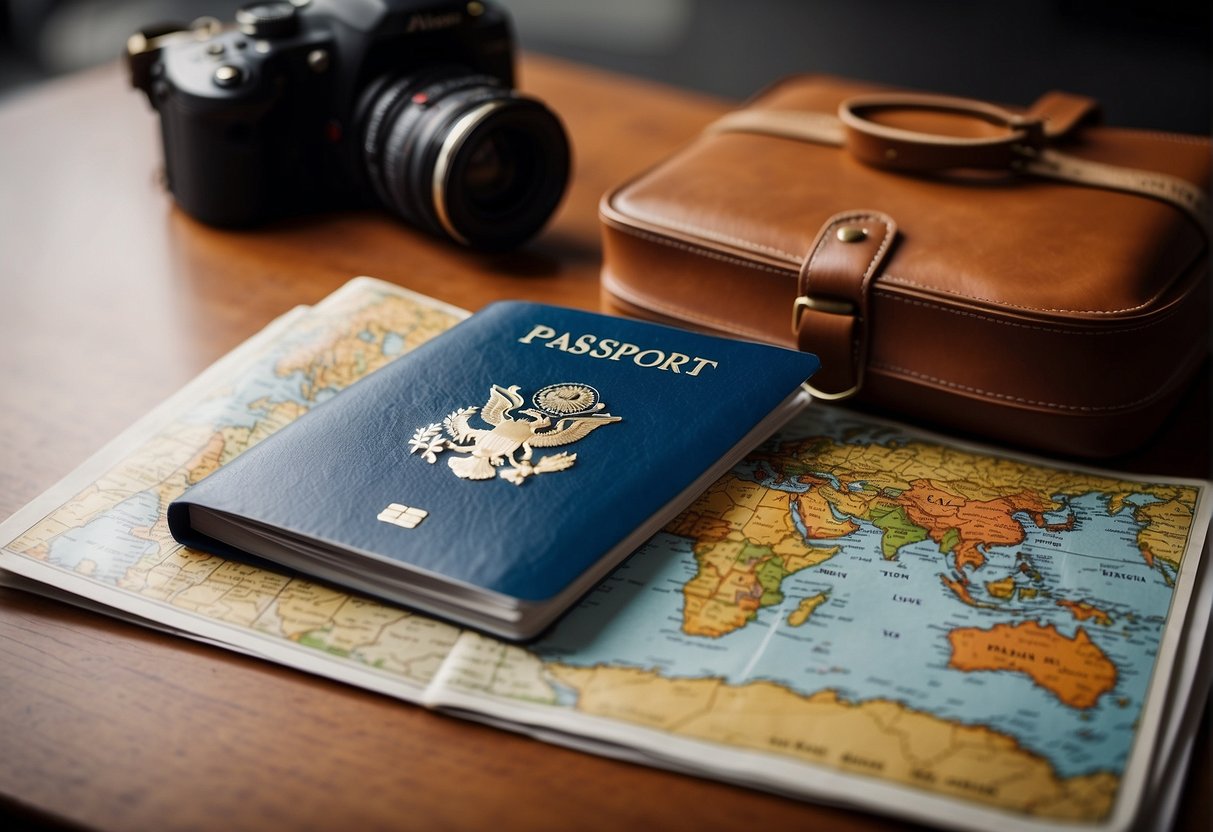 A passport, boarding pass, and a map lying on a table with a suitcase and a camera nearby