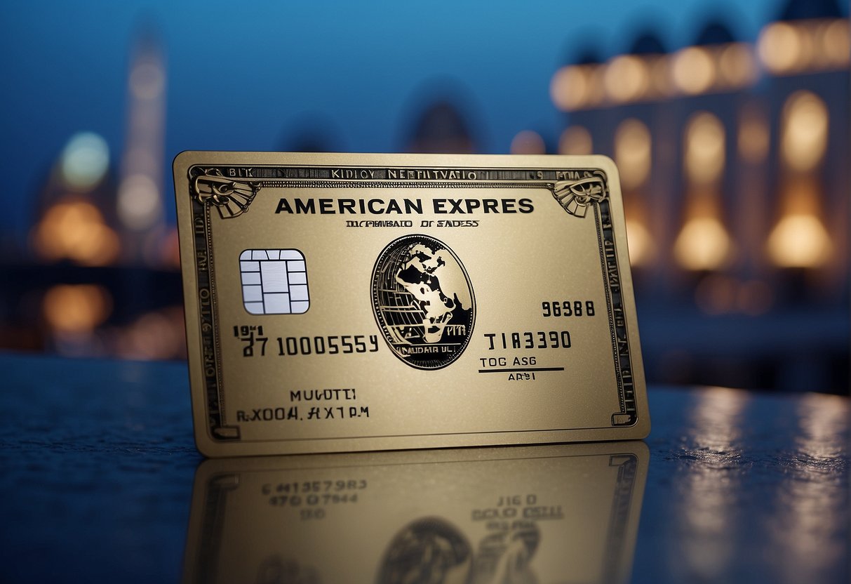 An American Express card surrounded by iconic international landmarks, symbolizing global travel and acceptance