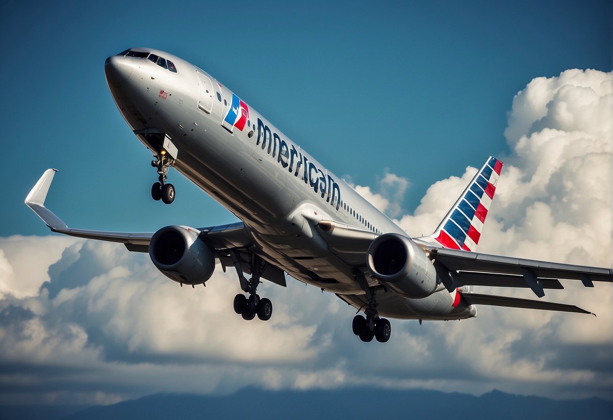 An American Airlines plane takes off from a bustling international airport, with a clear blue sky in the background